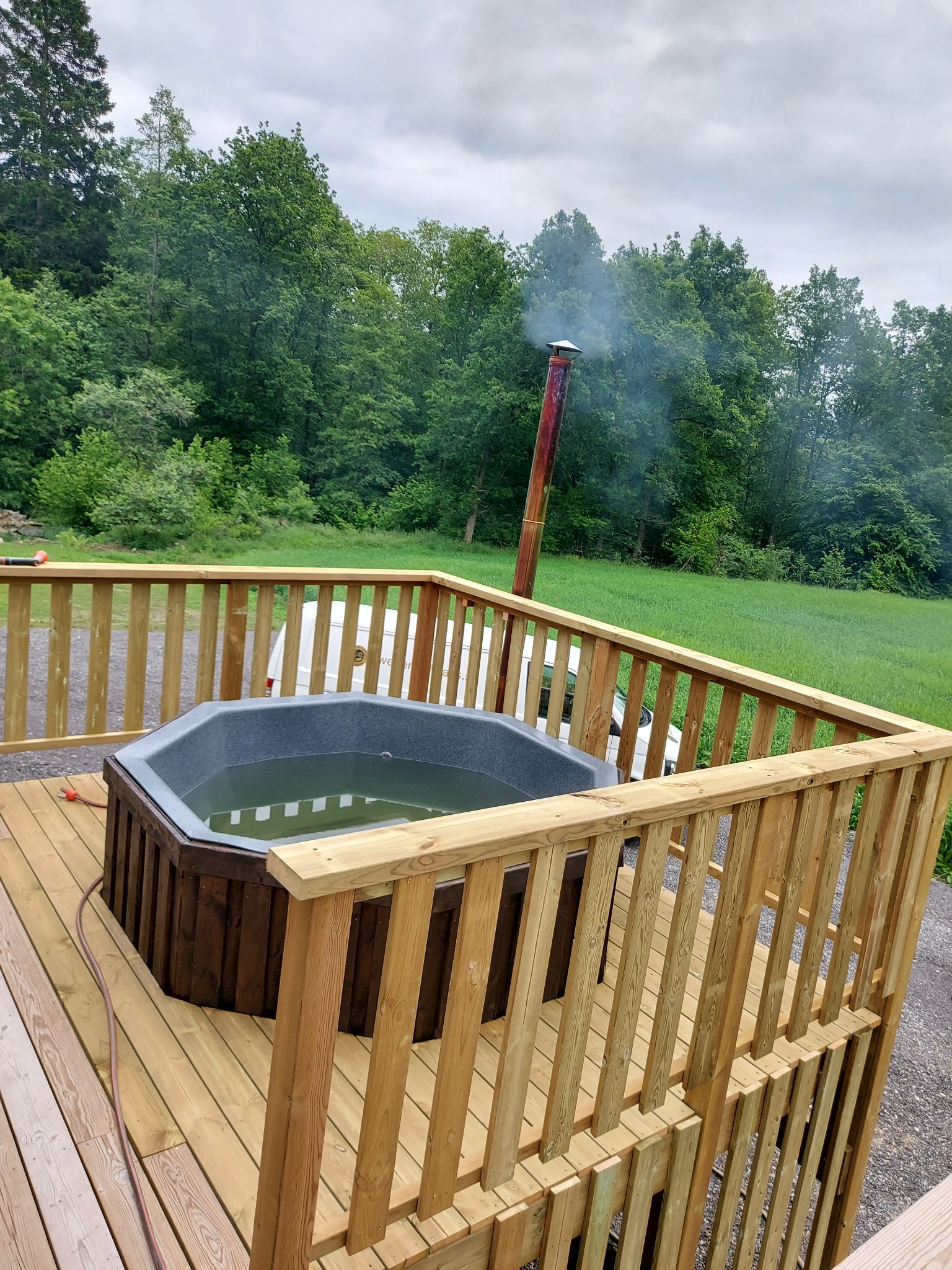 Vedeldad hot tub med utsikt över grönska och skog